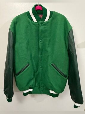 Green and Dark Green Leather-Sleeve Varsity Jacket